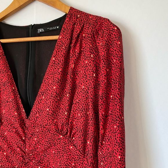 ZARA Red Black Print Side Ruched V-neck Long Sleeve Mini Dress - Picture 5 of 8